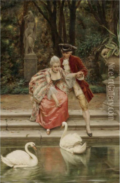 Feeding The Swans Oil Painting - Frederic Soulacroix