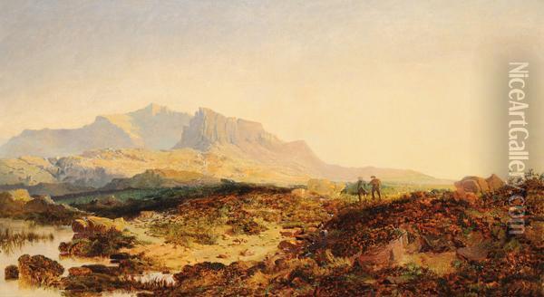 Paesaggio Lacustre Con Viandanti E Sfondo Di Montagne Oil Painting - Edmund John Niemann, Snr.