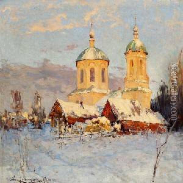 Winter Landscape With A Church In The Evening Sun Oil Painting - Andrei Nikolaevich Shilder