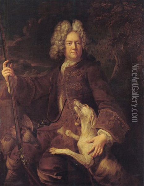 Portrait Of A Huntsman Holding A Rifle With His Hound By His Side Oil Painting - Alexandre Francois Desportes