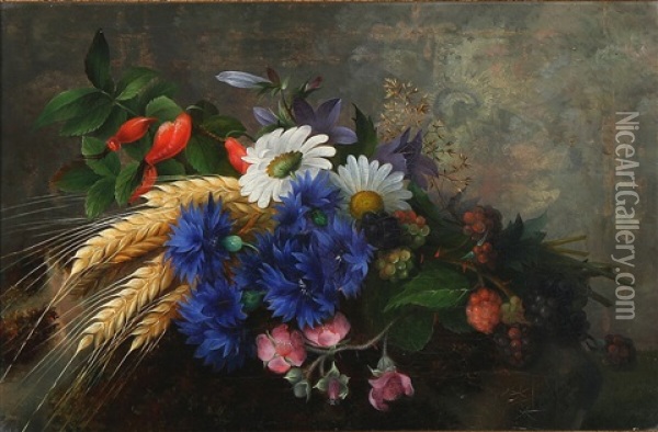 Summer Flowers And Wheat Ears On A Sill Oil Painting - Hermania Sigvardine Neergard