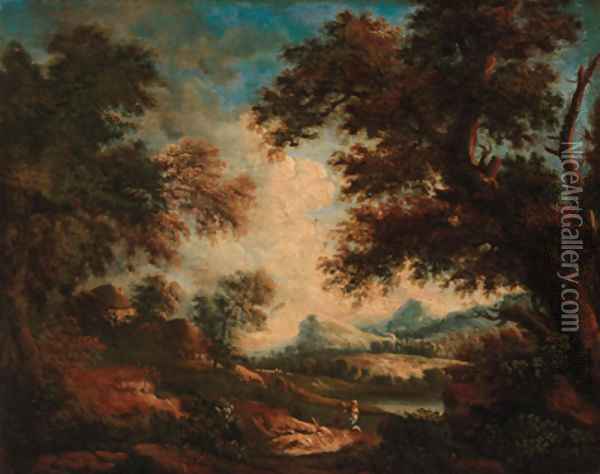 Peasants resting in extensive wooded river landscapes Oil Painting - Giuseppe Zais