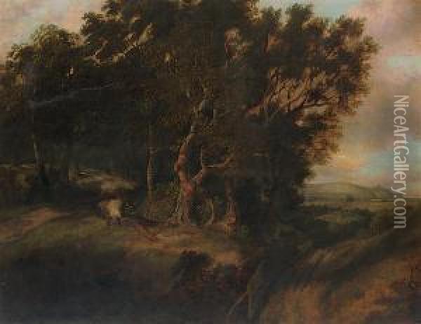 A Wooded Landscape With Wood Sawyers In A Clearing Oil Painting - Alfred Priest