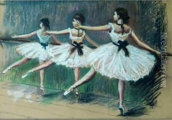 Trois Danseuses A La Barre. Oil Painting - France Leplat