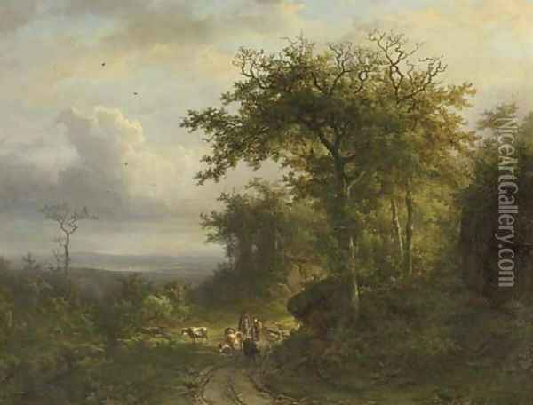 Peasants on a wooded path, a valley beyond; and peasants entering a chapel in a wooded valley Oil Painting - Barend Cornelis Koekkoek