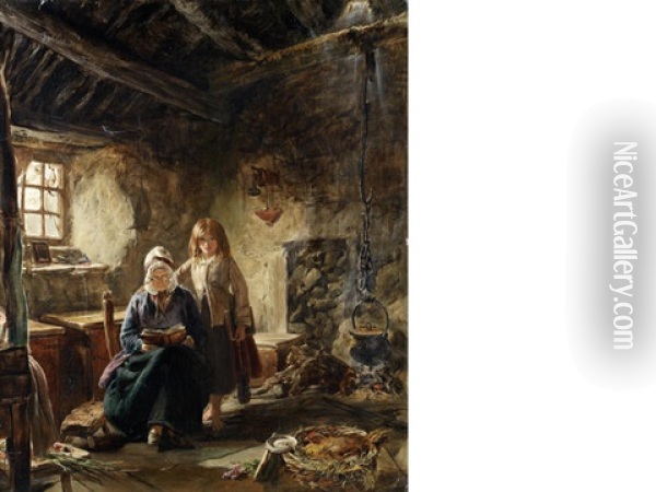 Auld Grannie And The Wee Nan - Study Of A Highland Interior In Argyleshire Oil Painting - John Callcott Horsley
