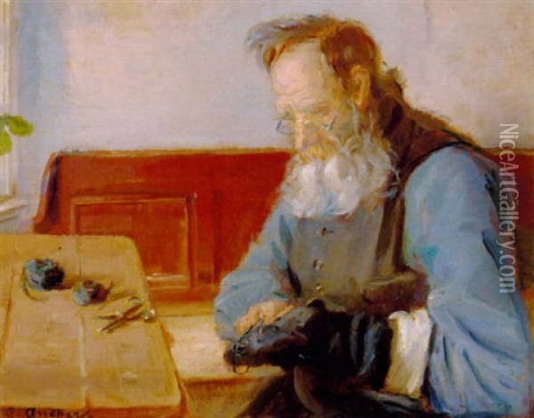 En Mand, Der Stopper Stromper Oil Painting - Anna Kirstine Ancher