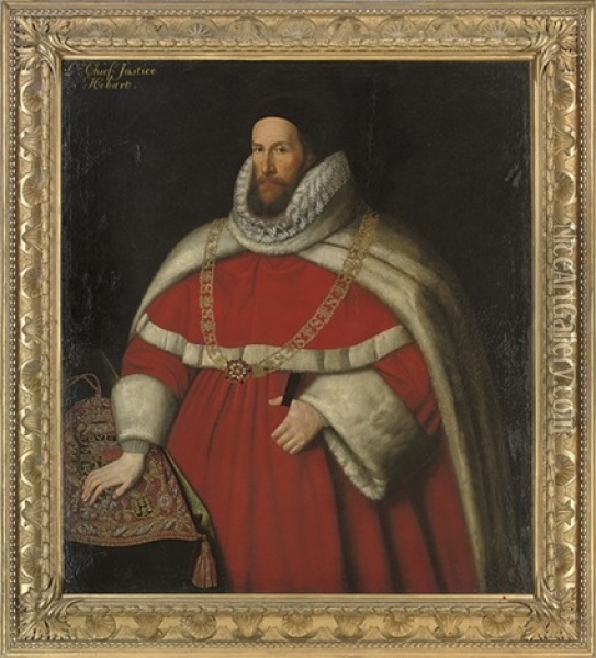 Portrait Of Sir Henry Hobart, Lord Chief Justice, Of Blickling Hall, In A Red Robe, White Fur Cloak, And Black Scull-cap Oil Painting - John Decritz the Elder