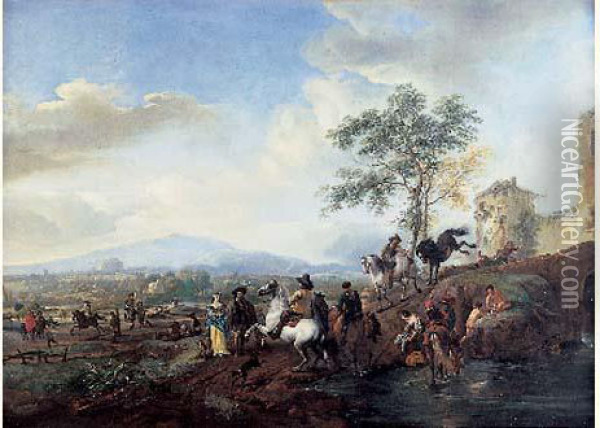 Cavaliers, Baigneurs Et Promeneurs Au Bord De La Riviere Oil Painting - Carel van Falens or Valens
