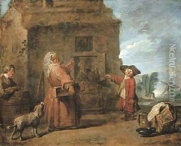 Peasants by a hut in a landscape Oil Painting - Jean-Baptiste-Simeon Chardin