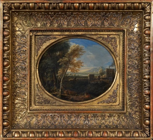 Paysage Dans La Campagne Romaine Avec Berger, Troupeau Et Un Chateau Au Loin Oil Painting - Jan Frans van Bloemen