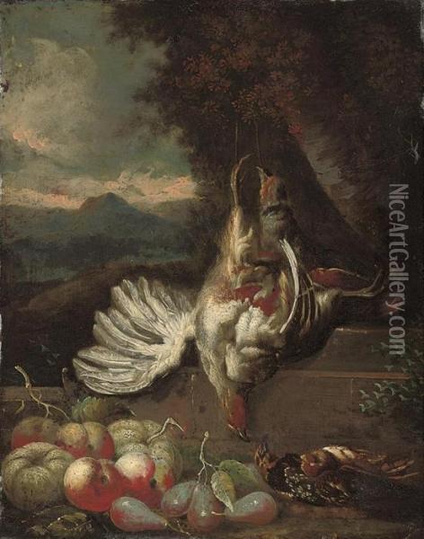 Dead Game On A Stone Ledge, Peaches, Pears And Other Fruit, In Awooded Clearing Oil Painting - Pieter Snayers