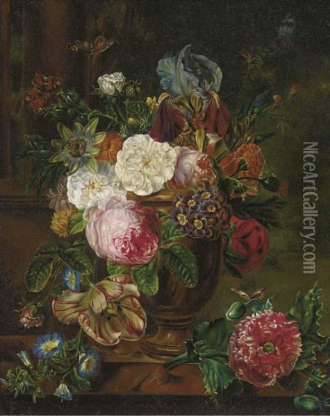 Still Life Of Roses, 
Chrysanthemums, Tulips, Astors, Sweet Williams And Trumpet Flowers In An
 Urn On A Marble Ledge Oil Painting - Cornelis van Spaendonck