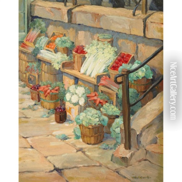 A Fruit And Vegetable Stall, Bonsecours Market, Montreal Oil Painting - Paul Archibald Octave Caron