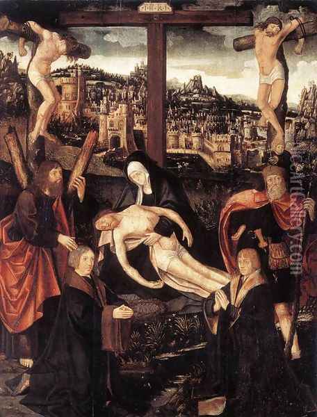 Crucifixion with Donors and Saints Oil Painting - Jacob Cornelisz Van Oostsanen