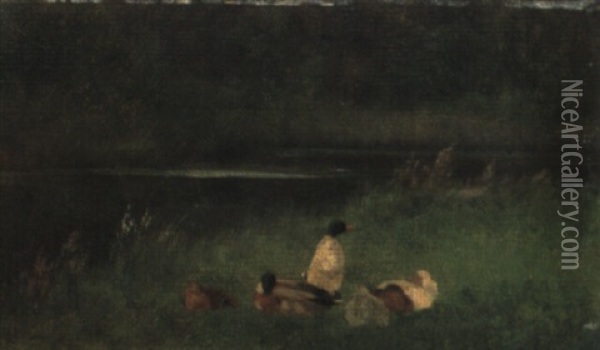 Ducks On A River Bank Oil Painting - Carl Jutz the Elder