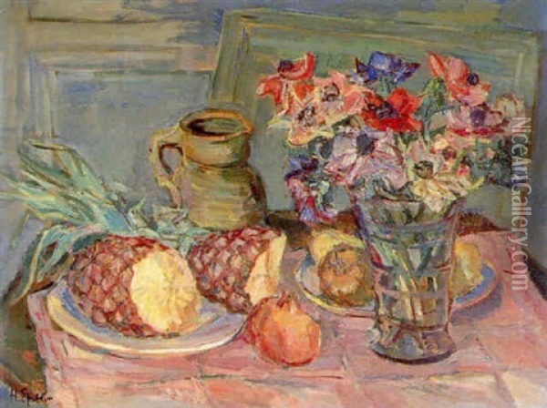 Still Life Of A Pineapple Beside A Vase Of Flowers On A Table Oil Painting - Henri Epstein