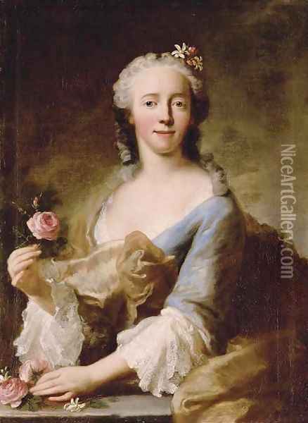 Portrait of a lady, half-length, in a blue dress with white lace sleeves and trimming, holding a pink rose in each hand, with flowers in her hair Oil Painting - Georg Desmarees