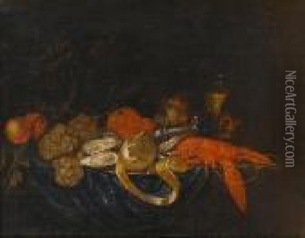 A Pewter Dish Of Oysters, 
Lobster And A Peeledlemon On A Draped Table With Grapes, Oranges And A Oil Painting - Jan Pauwel Ii Gillemans