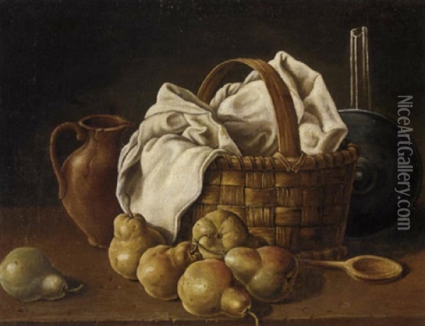 An Earthenware Jug, A Basket With A White Table-cloth, A Pewter Lid, A Wooden Spoon And Pears On A Wooden Table Ledge Oil Painting - Luis Melendez