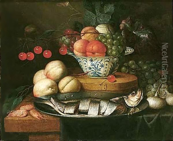Still Life Of Fruits In A Blue And White Bowl, Together With Peaches, Grapes, Prawns, Onions And Herring On A Pewter Dish On A Table Partly Draped With A Blue Cloth Oil Painting - Jan Pauwel Gillemans The Elder
