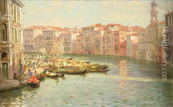 The Grand Canal Near The Rialto Fishmarket, Venice Oil Painting - Thomas Fred. Mason Sheard