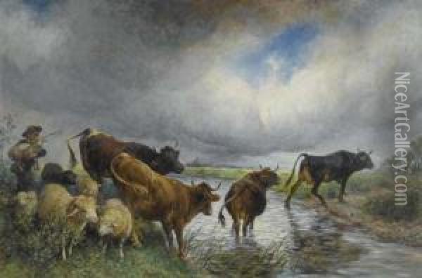 Herd Crossing At Ford. Oil Painting - Rudolf Koller