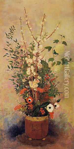 Vase Of Flowers With Branches Of A Flowering Apple Tree Oil Painting - Odilon Redon