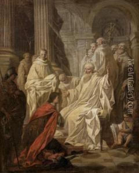 Saint Benoit Dejoue La Ruse Du Roi Des Goths Totila Oil Painting - Pierre Subleyras