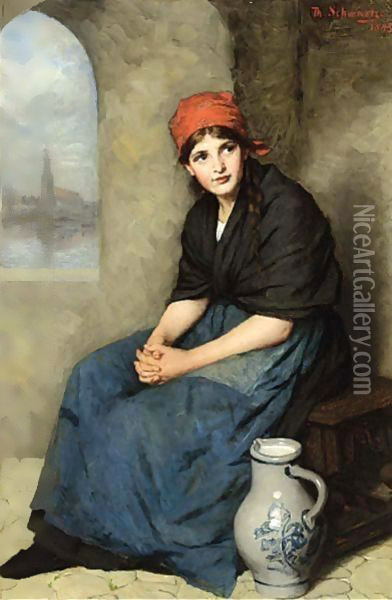 A Portrait Of A Seated Girl, Wearing A Dark Blue Dress And Red Headscarf Oil Painting - Therese Schwartze