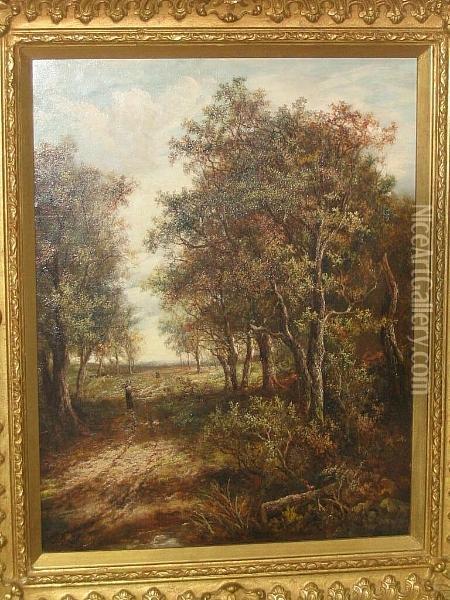 A Woodland Path With Woman Carrying Firewood Oil Painting - Joseph Thors