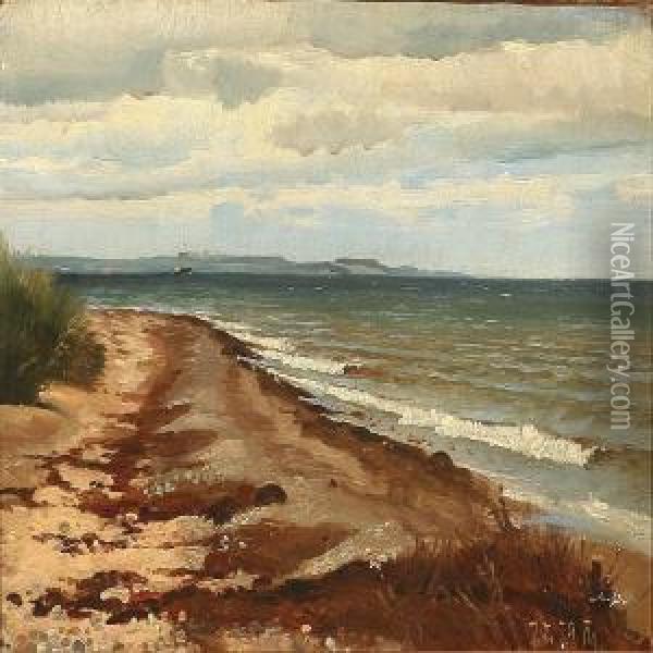 Coastal Scene With Dark Clouds Oil Painting - Frants Peter Didrik Henningsen