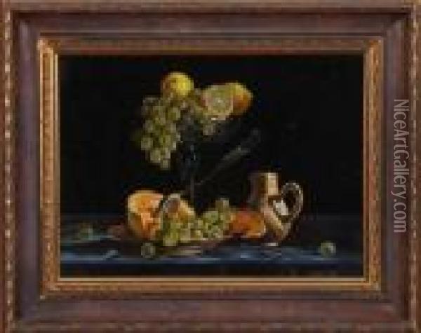 Tabletop Still Life With Grapes And Citrus Fruit Oil Painting - Robert White
