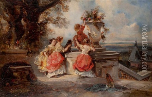 Enfants Et Vasque De Fleurs Dans Un Parc Oil Painting - Louis-Gabriel-Eugene Isabey