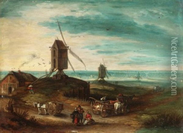 A Landscape With Windmills And Travellers Oil Painting - Jan Brueghel the Elder