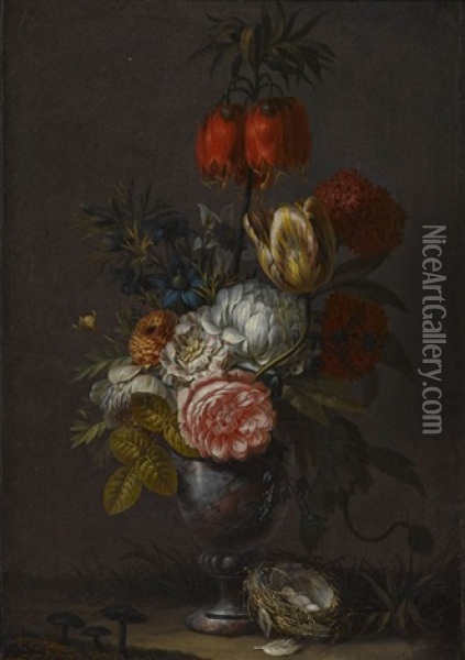 Blumenstillleben Mit Vogelnest Und Pilzen Oil Painting - Jean Louis Prevost