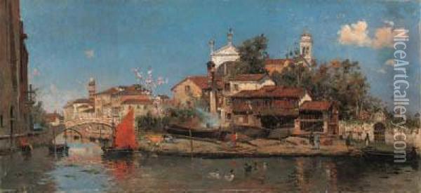 A Venetian Backwater Oil Painting - Antonio Maria de Reyna