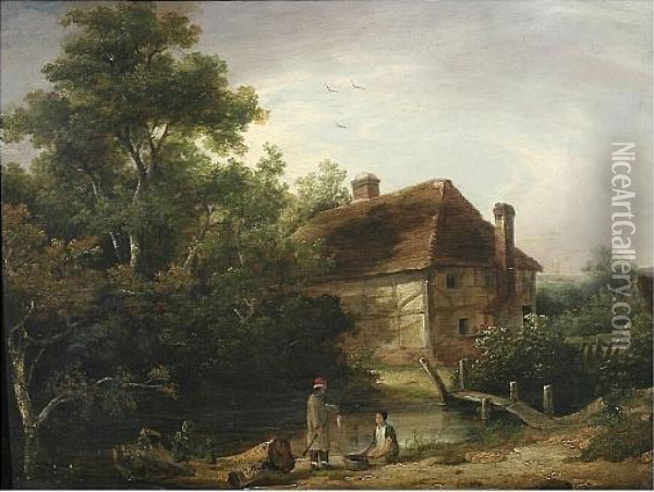 Woodland Scene With Cottage And Figures Fishing At A Stream Oil Painting - Patrick, Peter Nasmyth