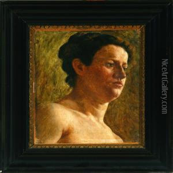 Woman With Her Hair Taken Up And
 Naked Torso. Study. Unsigned. Inscribed Verso Joakim Skovgaard Oil Painting - Joakim Skovgaard