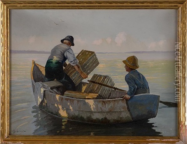 Father And Son In A Dory Setting Traps Oil Painting - Chester K. Van Nortwick