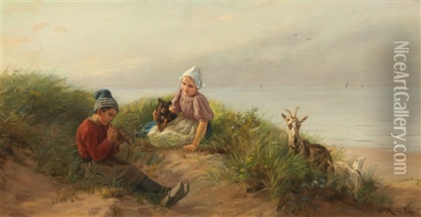 Children Playing On The Beach With A Dog And Oil Painting - Karl Emil Muecke