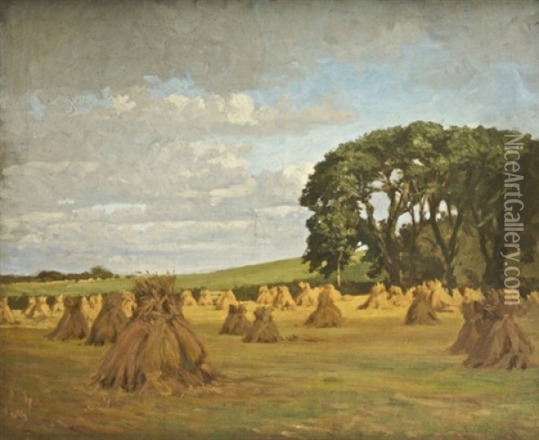 Haystacks, Rathgonan, Co. Limerick Oil Painting - Dermod O'Brien