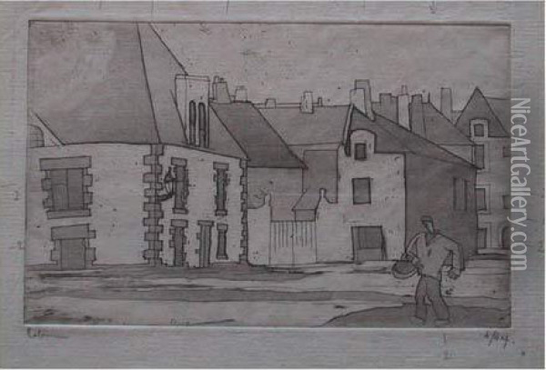 Maisons Du Croisic / Houses At Le Croisic. 1922 Oil Painting - Jean Emile Laboureur
