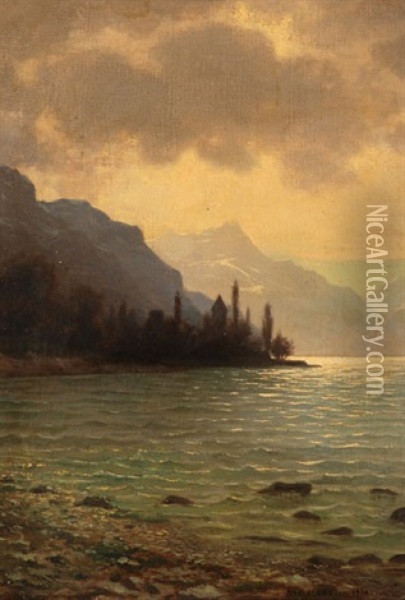 Landschaft Am Ufer Eines Sees Mit Blick Auf Eine Bergkette Oil Painting - Albert Henri John Gos