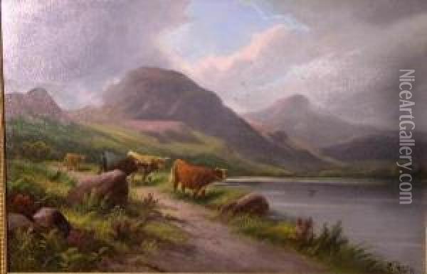 Highland Cattlebeside Loch Oil Painting - Etty Horton