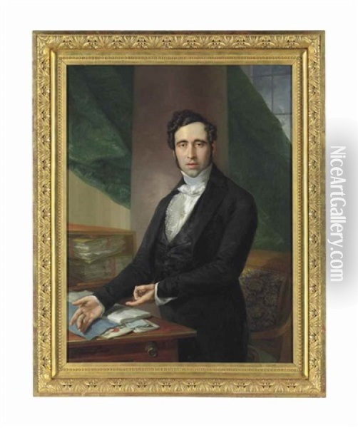 Portrait Of A Gentleman, Half-length, In A Black Silk Waistcoat And A Jacket, With A White, Ruffled Shirt And A Diamond Brooch, Gesturing Towards An Open Book On A Table Oil Painting - Vicente Lopez y Portana