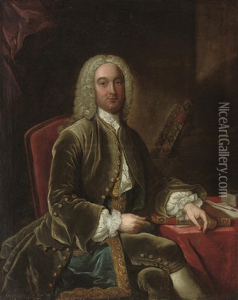 Portrait Of William Murray, 1st Earl Of Mansfield In A Green Velvet Coat, His Left Hand Resting On A Book Oil Painting - Jean-Baptiste van Loo