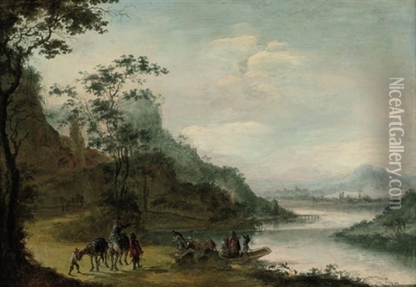 A Wooded Landscape With Figures Corssing A River Oil Painting - Gillis Neyts