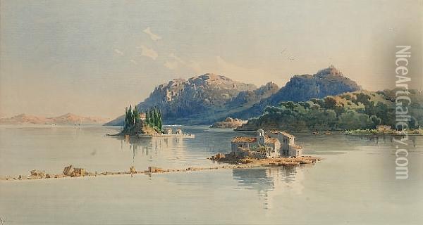 The Islands Of Pontikonissi And Vlacherna, Corfu Oil Painting - Angelos Giallina