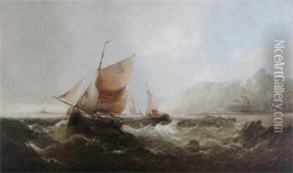 Fishing Boats In Choppy Seas Off The Coast Oil Painting - James Webb